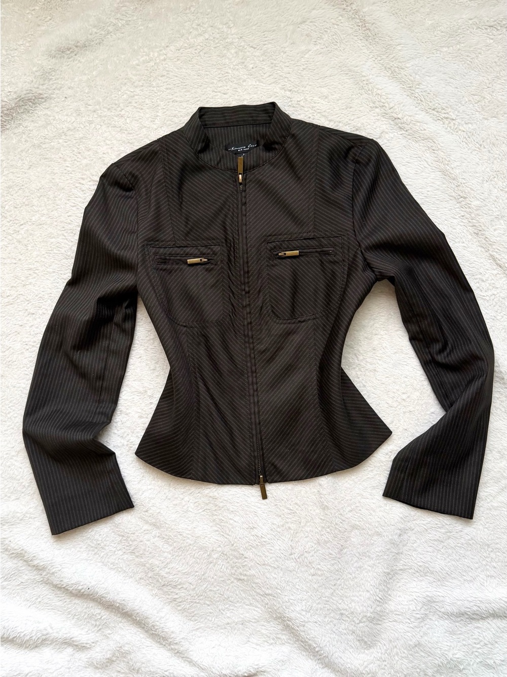 Kenneth Cole New York Black Pinstripe Zip-Front Women's Blazer biker jacket